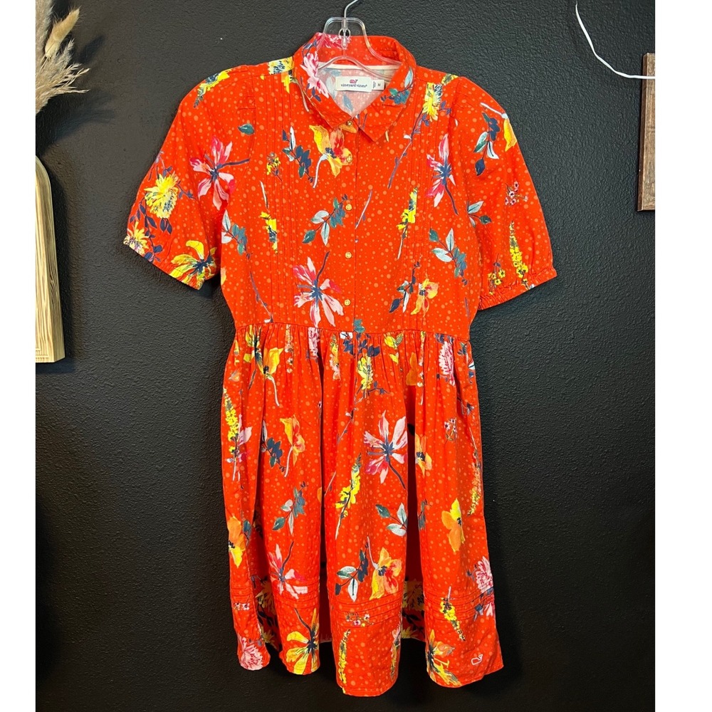 Vineyard Vines Coral Floral Shirt Dress Button Front Collared‎ Resort Size M